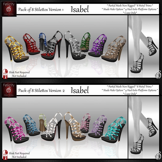 *Felicity* Isabel Stilettos - Mega Pack 16 Studded Shoes (8 Metal Trim, Heel-Sole Colors) for Slink High Feet