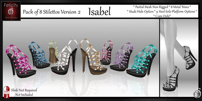 *Felicity* Isabel Stilettos Studded Sandals Pack 2 - 8 Shoes (8 Metal Trim, 9 Sole/Heel Colors) for Slink High Feet