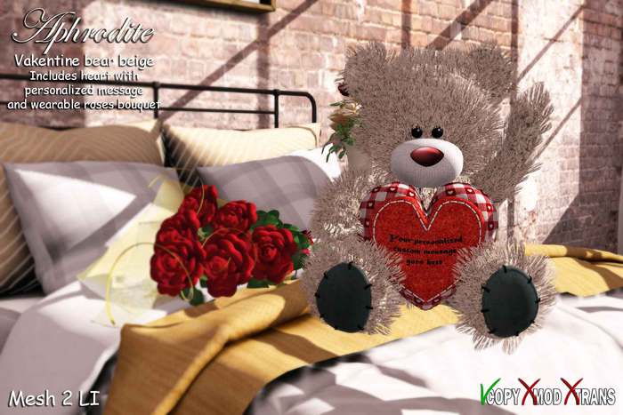 Aphrodite beige personalized Valentines bear - With custom message written on the heart-Red roses bouquet- Romantic gift