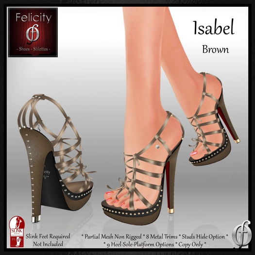*Felicity* Isabel Stilettos - Brown High Heel Studded Sandals Shoes (8 Metal Trim, 9 Sole/Heel Colors) for Slink High