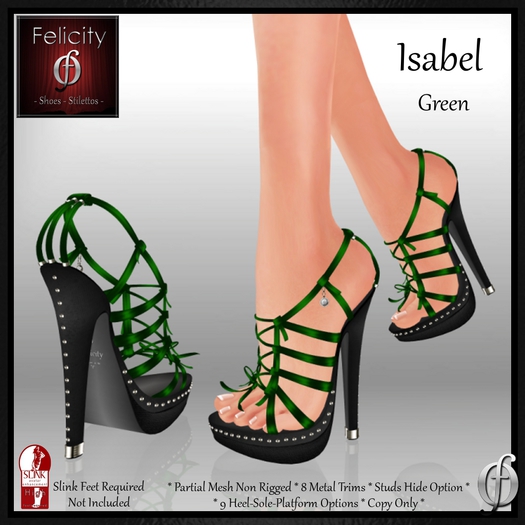 *Felicity* Isabel Stilettos - Green High Heel Studded Sandals Shoes (8 Metal Trim, 9 Sole/Heel Colors) for Slink High