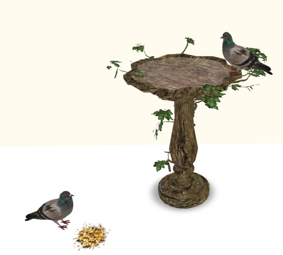 Naturalized Wooden Birdbath with Animated Pigeons and Sound