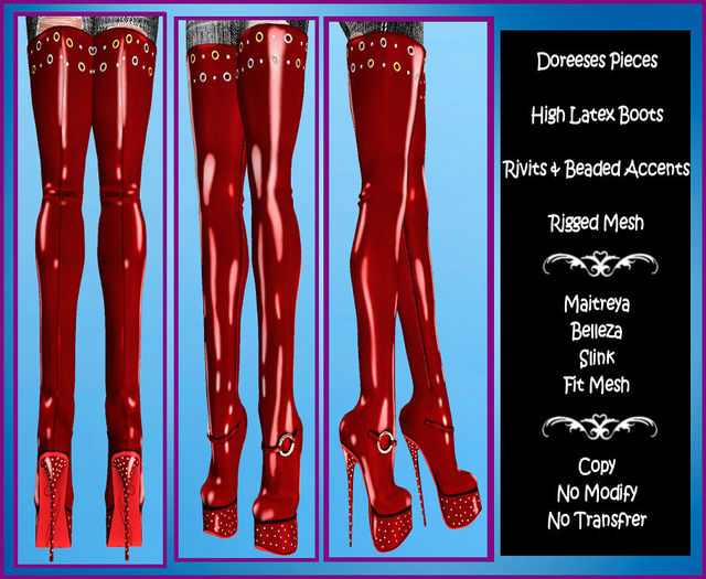 THIGH HIGH RED LATEX BOOTS  RIVIT & BEAD ACCENTS
