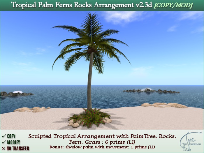 Palm Tree Tropical w/ Ferns Rocks Arrangement v2.3d. C/M