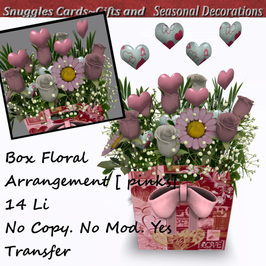 Box Floral Arrangement By Snuggles [ pinks] Boxed