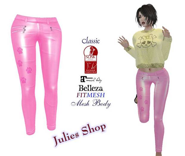 Skinny Lederhose, Lackhose Pink Paw für Klassiche- und Meshavatare, Belleza, Slink, Maitreya, Fit Mesh