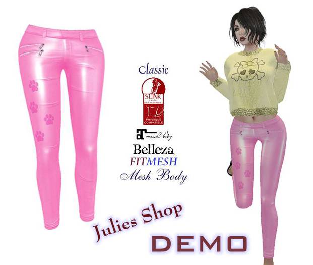 Skinny Lederhose, Lackhose Pink Paw für Klassiche- und Meshavatare, Belleza, Slink, Maitreya, Fit Mesh DEMO