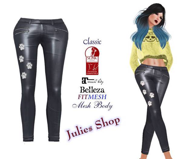 Skinny Lederhose, Lackhose Schwarz / Black Paw für Klassiche- und Meshavatare, Belleza, Slink, Maitreya, Fit Mesh