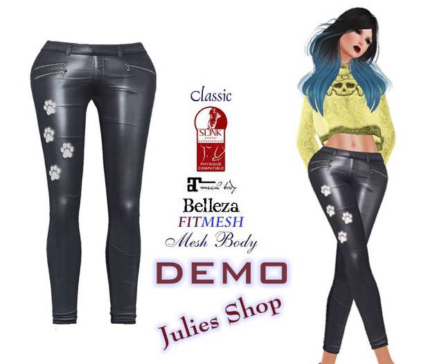 Pantalones de cuero flaco Black Paw for Classic, Mesh, Belleza, Slink, Maitreya, Fit Mesh DEMO
