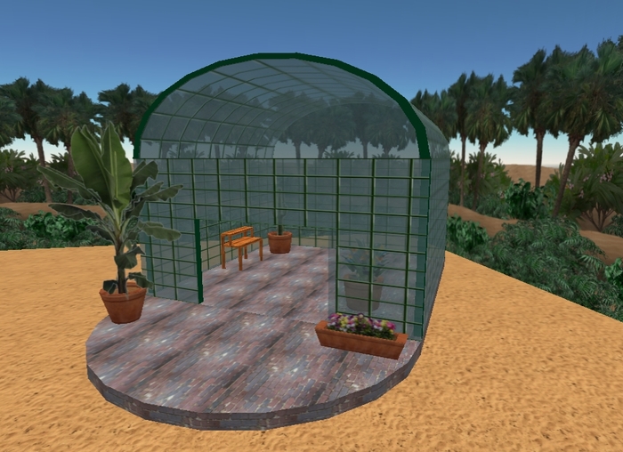 Greenhouse with potting bench and plants