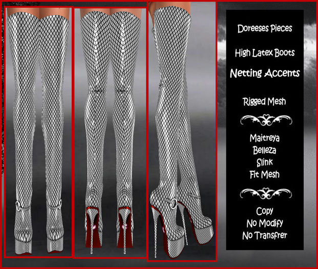 THIGH HIGH LATEX SILVER BOOTS NETTING ACCENT