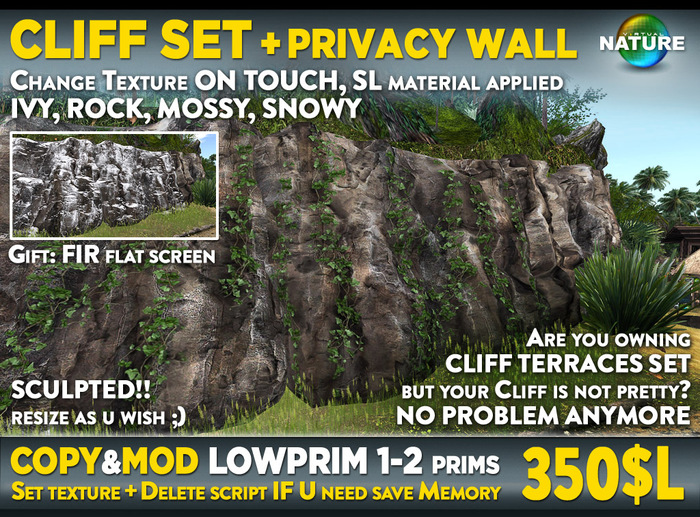Second Life Marketplace Rock Cliff Set For Building Complex Rock Cliffs Or Privacy Wall Mossy Ivy Rock Snowy Winter