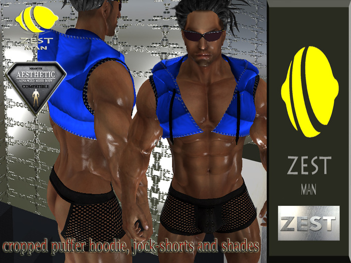 ZEST MAN BLUE CROPPED PUFFER HOODIE JOCK SHADES BOX