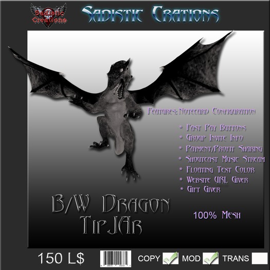 {SC} B/W Dragon Tipjar (WEAR ME)
