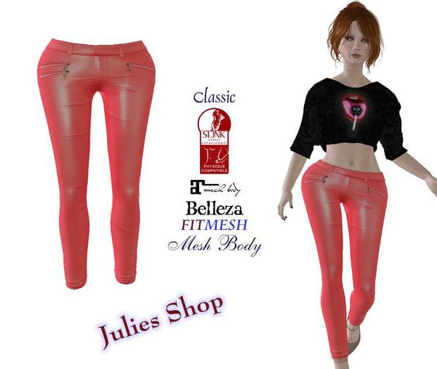 Skinny Lederhose Lackhose Rot für Klassiche- und Meshavatare, Belleza, Slink, Maitreya, Fit Mesh