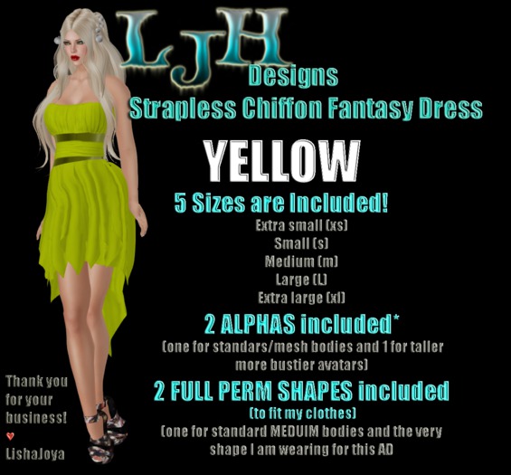 [LJH] Designs Strapless Chiffon Fantasy Dress - YELLOW