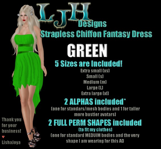 [LJH] Designs Strapless Chiffon Fantasy Dress - GREEN (comes with 2 FULL PERM SHAPES)