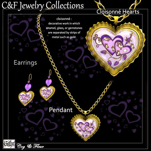 C&F Cloisonne Heart Jewelry Set Lilac