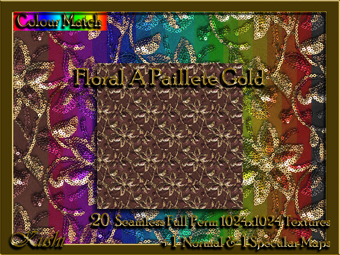 !Kushi! FloralAPailleteGOLD Textures -WEAR TO UNPACK