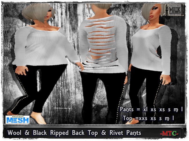 MIUK - Wool & Black  Ripped Back Top & Rivet Pants