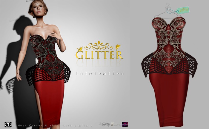 GLITTER - INFATUATION CORSET OUTFIT MESH & APPLIERS RUBY