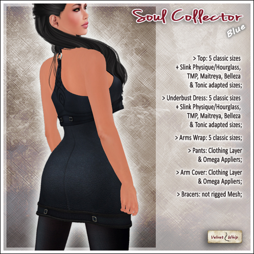 Second Life Marketplace - [V/W] Soul Collector Blue - Medieval Fantasy /  Sci-Fi leather dress, 5 classic sizes + Slink, Maitreya, Belleza, Tonic