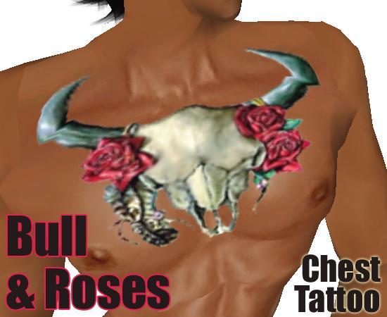 BullSkull & Roses Chest Tattoo