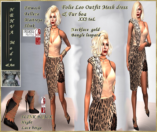 N779-Folie LeoOutfit Mesh Dress & Boa Fur
