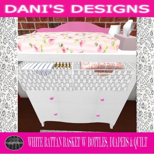 White Rattan Baskets w/ Bottles, Diapers  & Quilt
