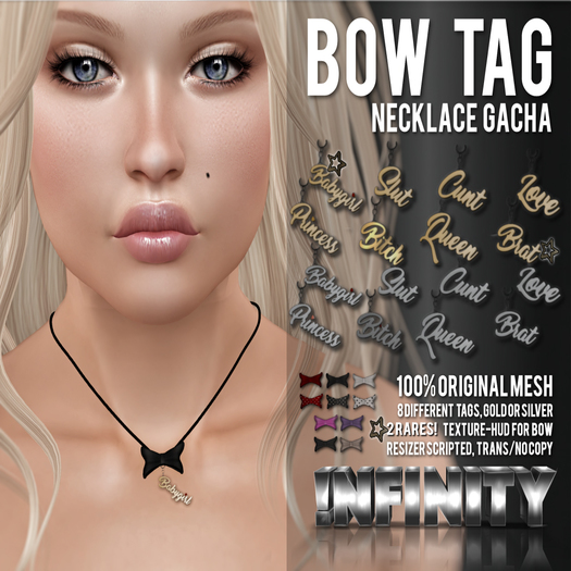 Second Life Marketplace !NFINITY Bow Tag Necklace Gold Love