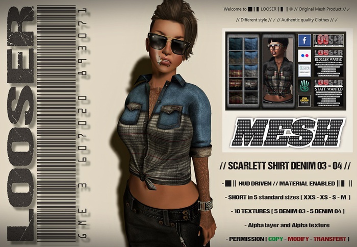█║▌LOOSER ║▌║® // Scarlett Knotted Shirt DENIM 03 - 04 // HUD MESH // MATERIAL ENABLED 