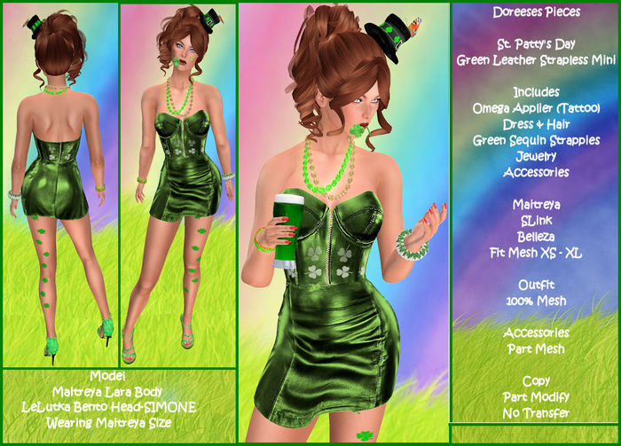 ST. PATRICK'S DAY GREEN LEATHER STRAPLESS DRESS SHAMROCK ACCENTS