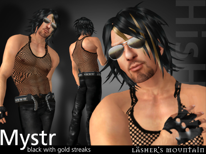 MYSTR Shoulder Length BLACK With Gold Sreaks Men's Hair 