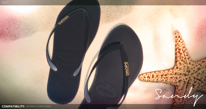 DROPS - <MAITREYA, SLINK, RESIZE> Sandy FlipFlops [PrimeBlack]