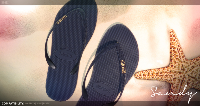 DROPS - <MAITREYA, SLINK, RESIZE> Sandy FlipFlops [PrimeBlue]