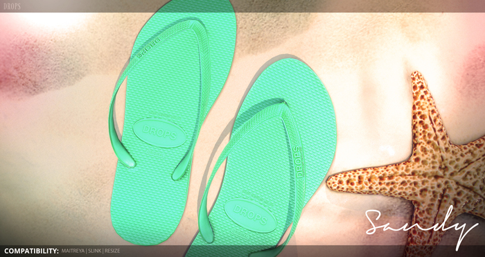 DROPS - <MAITREYA, SLINK, RESIZE> Sandy FlipFlops [PastelGreen]