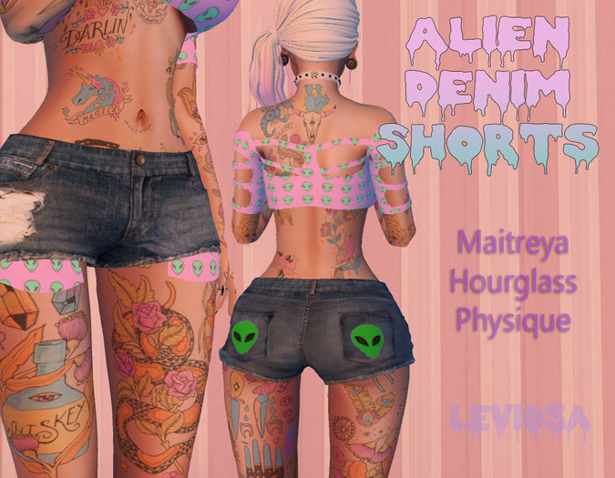 Leviosa Pink Alien Denim Shorts - Pastel Goth - Kawaii - Maitreya - Physique - Hourglass