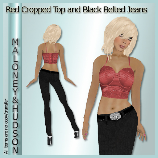Ladies Red Cropped Top and Black Jeans
