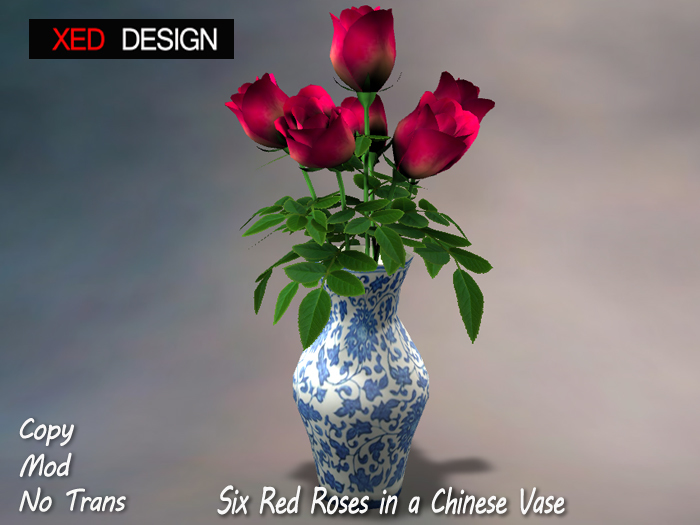 XD Six Red Roses in a Chinese Vase
