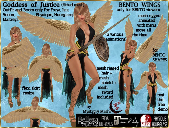 Goddess of Justice mesh fitted bento wings animated rigged gold