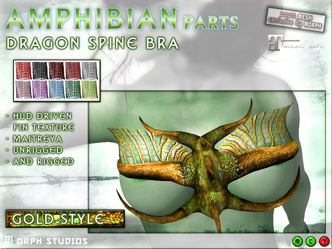 0o Morph Dragon Spine BRA (gold), Maitreya/ unrigged, HUD