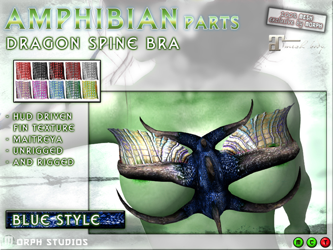 0o Morph Dragon Spine BRA (blue), Maitreya/ unrigged, HUD