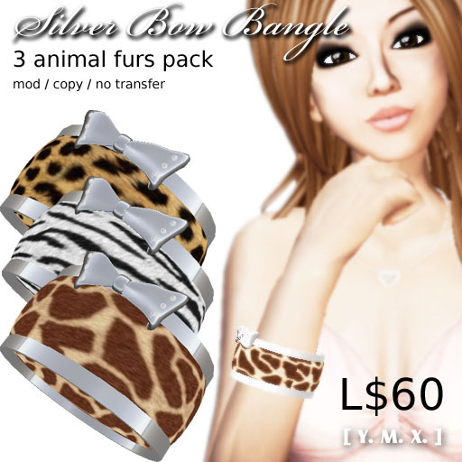 [Y.M.X.] silver bow bangle 3 animal furs pack
