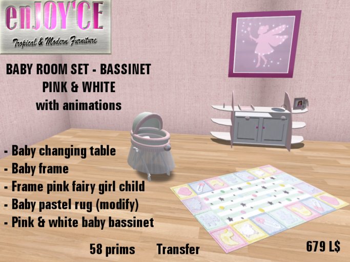 *enJOY'CE* Baby room set-Bassinet-Pink & white with animations