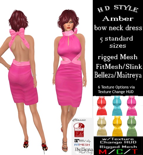 Amber bow neck dress with Texture Change HUD.