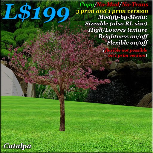 Catalpa Tree. 3 prim tree + FREE 1 prim tree version. Copy. low prim trees. Photorealistic. HQ