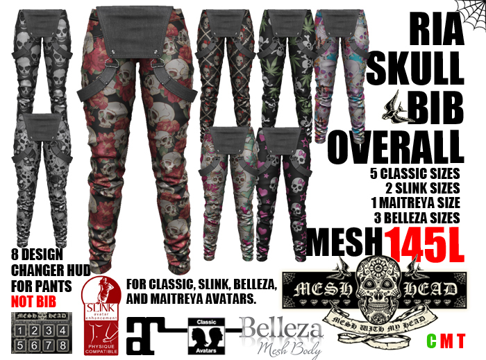 Mesh Head - Ria Skull Bib Overall - MAITREYA - SLINK - BELLEZA - CLASSIC