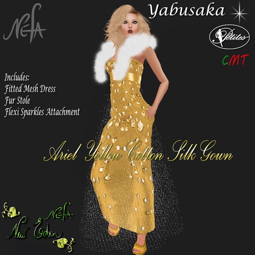 NEFA 133Y Ariel Yellow Cotton Silk Gown/ Fur Stole/Sparkles bxd
