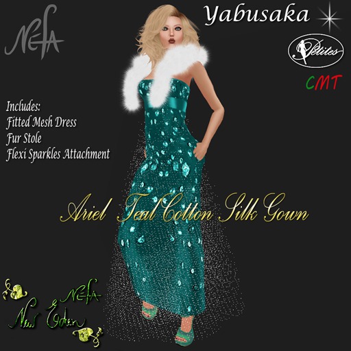 NEFA 133Y Ariel Teal Cotton Silk Gown/ Fur Stole/Sparkles bxd