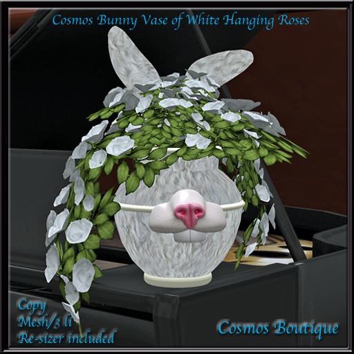Cosmos Bunny Vase of White Hanging Roses (3-d MESH) Box
